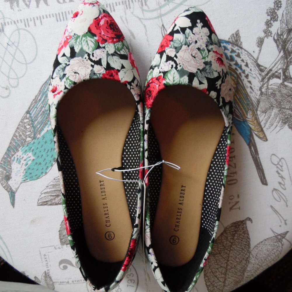 NWT Floral Rose Print Pointed Flats w/ Polka Dots, 6M